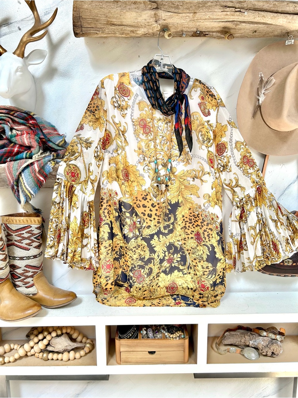 Floral Leopard Jewel mini dress/tunic w sleeveless bell pleats resort vacay vibe